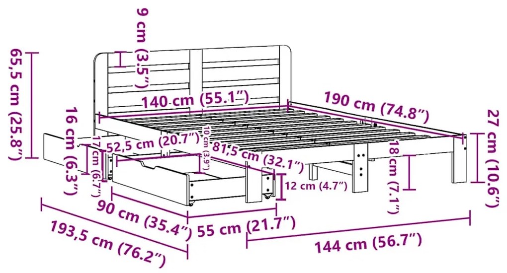 Cama sem colchão 140x190 cm pinho maciço castanho-mel