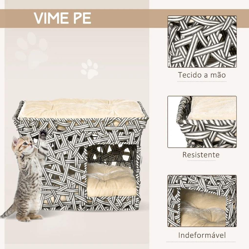 Cesta de Vime para Gatos de 2 Níveis Cama Caverna de Gatos com 2 Almofadas Suaves Estrutura de Metal 51x42x37cm Cinza e Bege