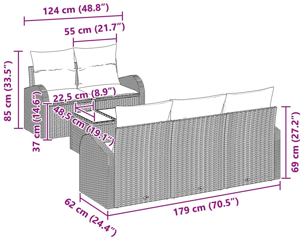 Conjunto de Sofá de Jardim vidaXL 6 peças com Almofadas Cinza Polyratt
