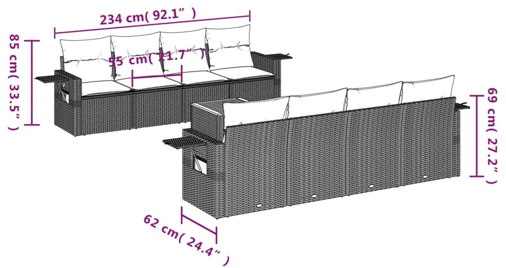 9 pcs conjunto sofás p/ jardim com almofadões vime PE cinzento