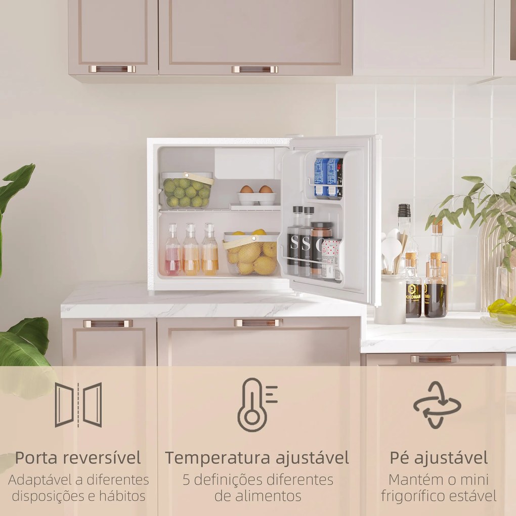 Mini Frigorífico Silencioso 46L Classe F com Temperatura Ajustável e Porta Reversível 48x44x49 cm Branco