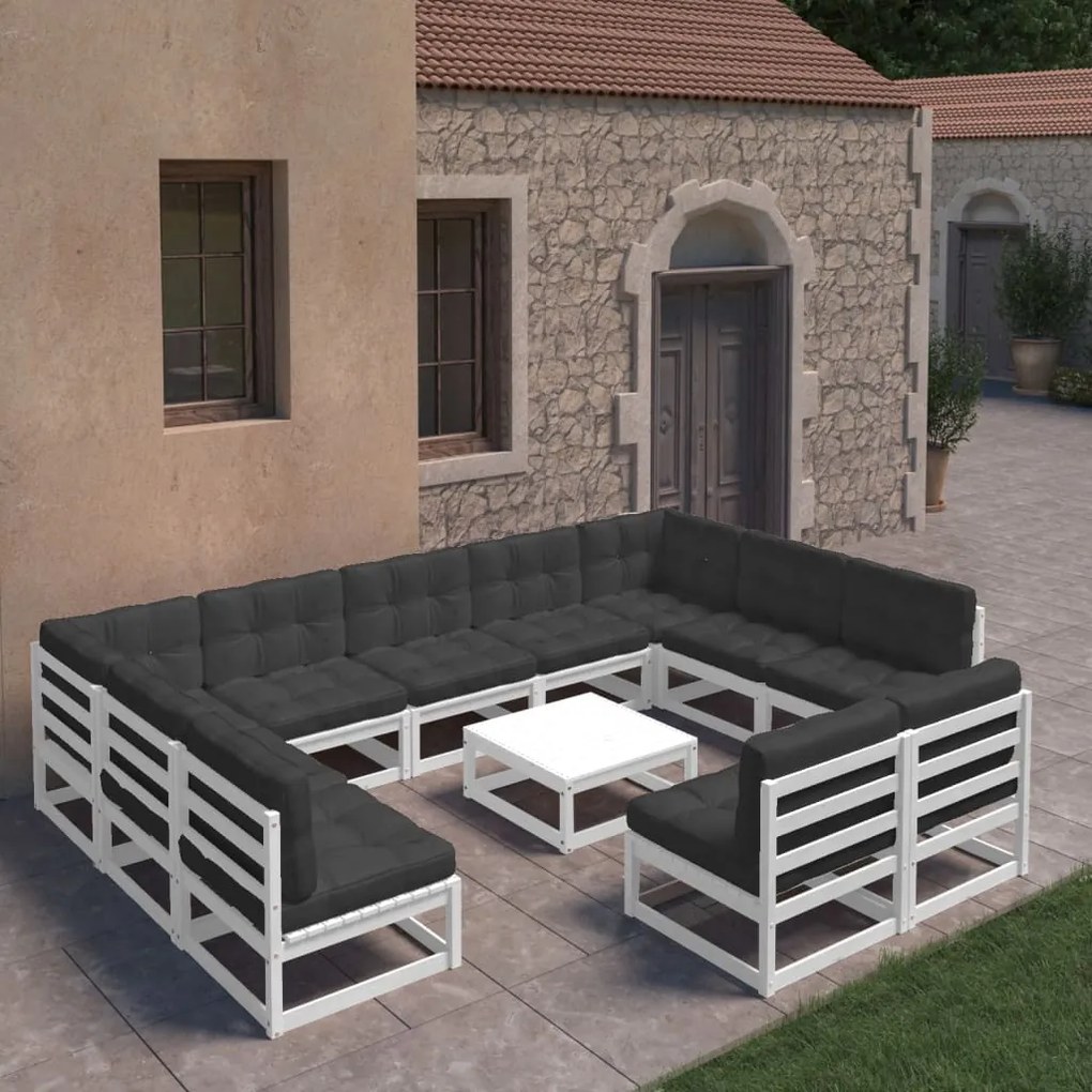 vidaXL 12 pcs conj. lounge de jardim c/ almofadões pinho maciço branco