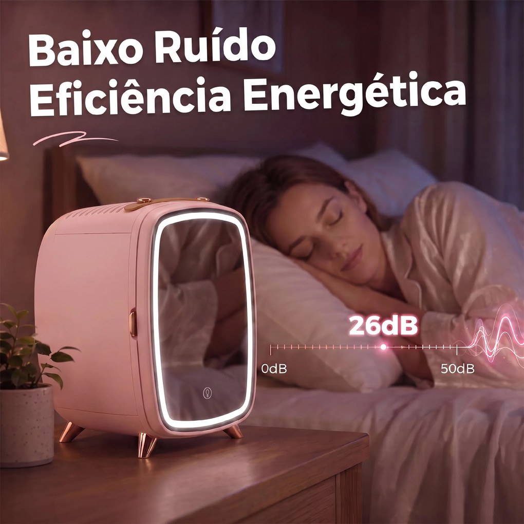 Mini Frigorífico para Cosméticos com 6 L, Porta com Espelho e Luzes LED Ajustáveis, 24,3 x 19,4 x 35,6 cm Rosa