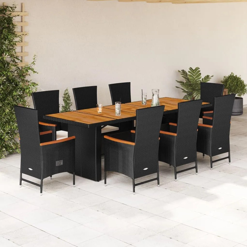 vidaXL 9 pcs conjunto de jantar p/ jardim c/ almofadões vime PE preto