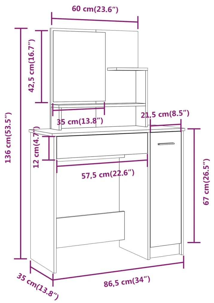 Toucador com espelho 86,5x35x136 cm branco brilhante