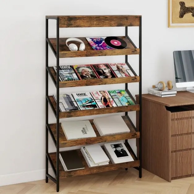Estante de 6 níveis 90 x 30 x 161 cm inclinada com estrutura metálica resistente de madeira Castanho