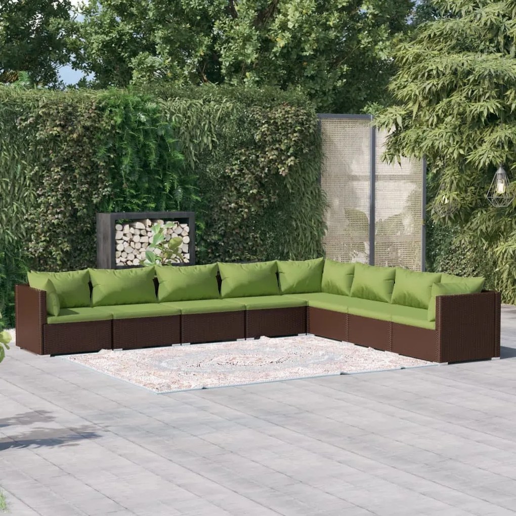 vidaXL 8 pcs conjunto lounge jardim c/ almofadões vime PE castanho