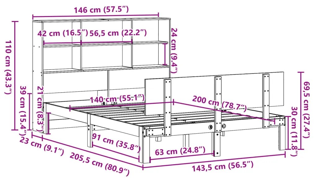 Cama com estante sem colchão 140x200 cm pinho maciço branco