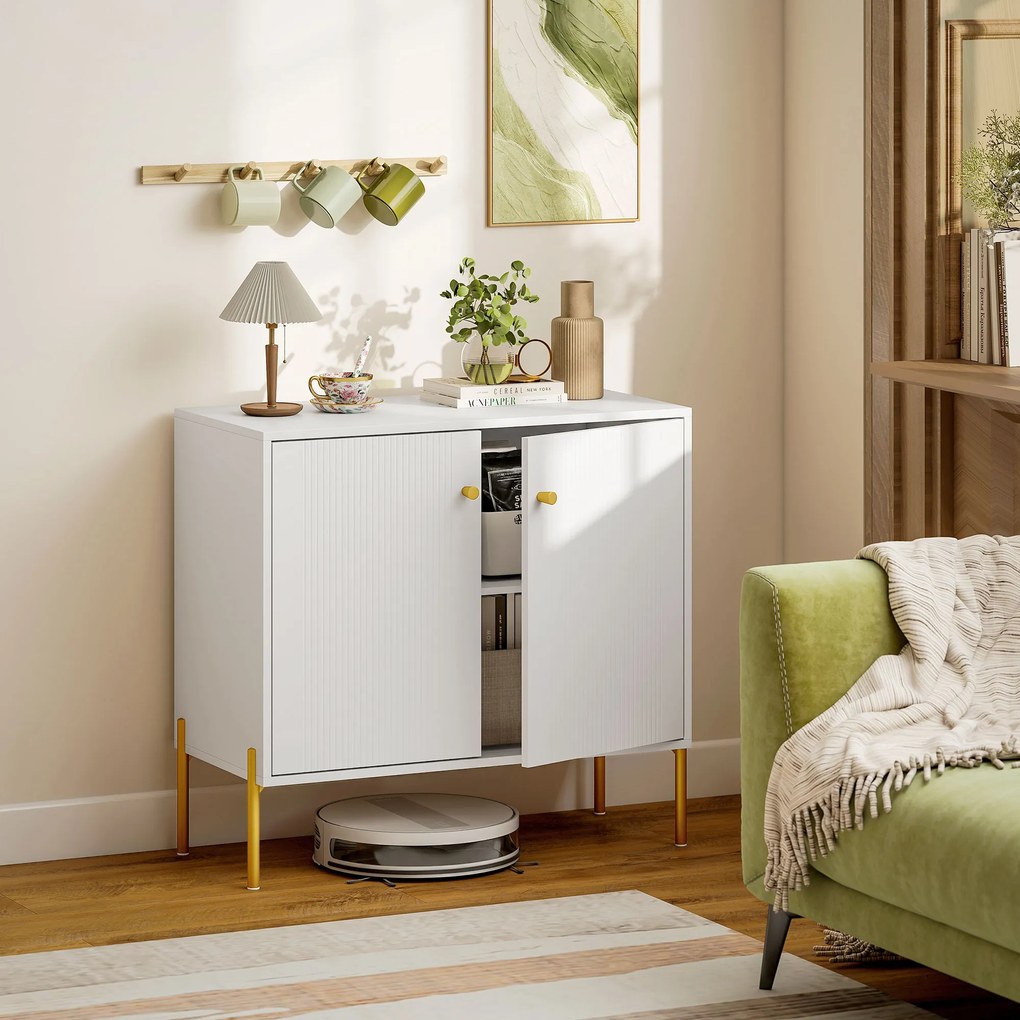 Aparador Moderno de 2 Portas Prateleiras Ajustáveis Bancada com Efeito Mármore e Pés de Aço 80x39,1x76 cm Branco