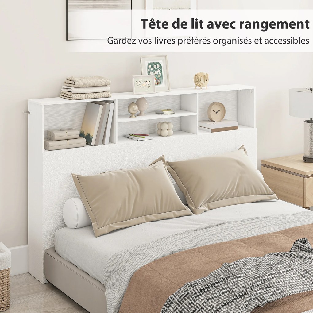 Cabeceira de cama com pés e espaço de arrumação 160 x 20,2 x 108,2 cm, acessório de cama com 4 compartimentos abertos, branco