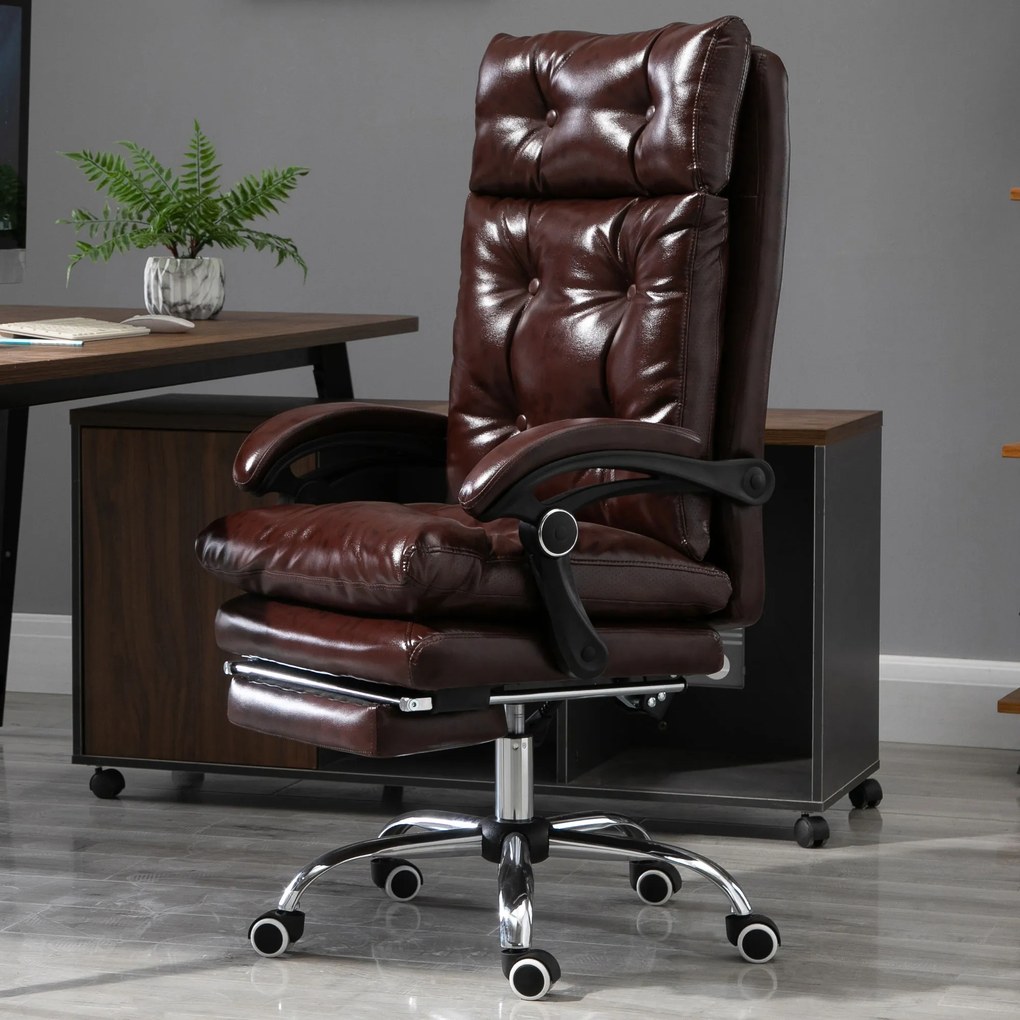 Cadeira de escritório ergonómica com altura ajustável, encosto reclinável e apoio para os pés retrátil, castanha