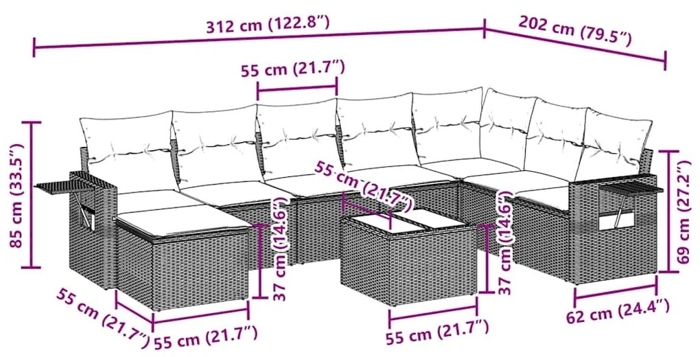 9 pcs conjunto de sofás p/ jardim c/ almofadões vime PE preto