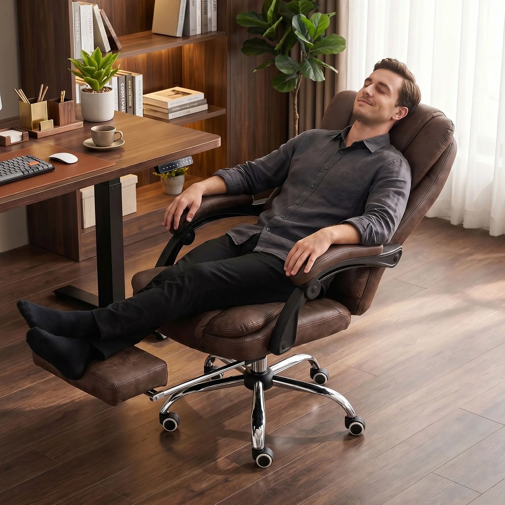 Cadeira de escritório executiva com função de massagem e aquecimento, altura ajustável, encosto reclinável, em tecido de microfibra castanho