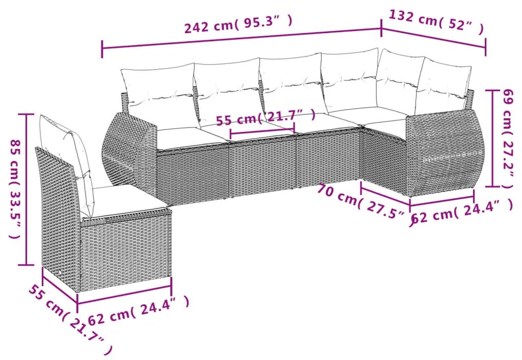 6 pcs conjunto de sofás p/ jardim com almofadões vime PE bege