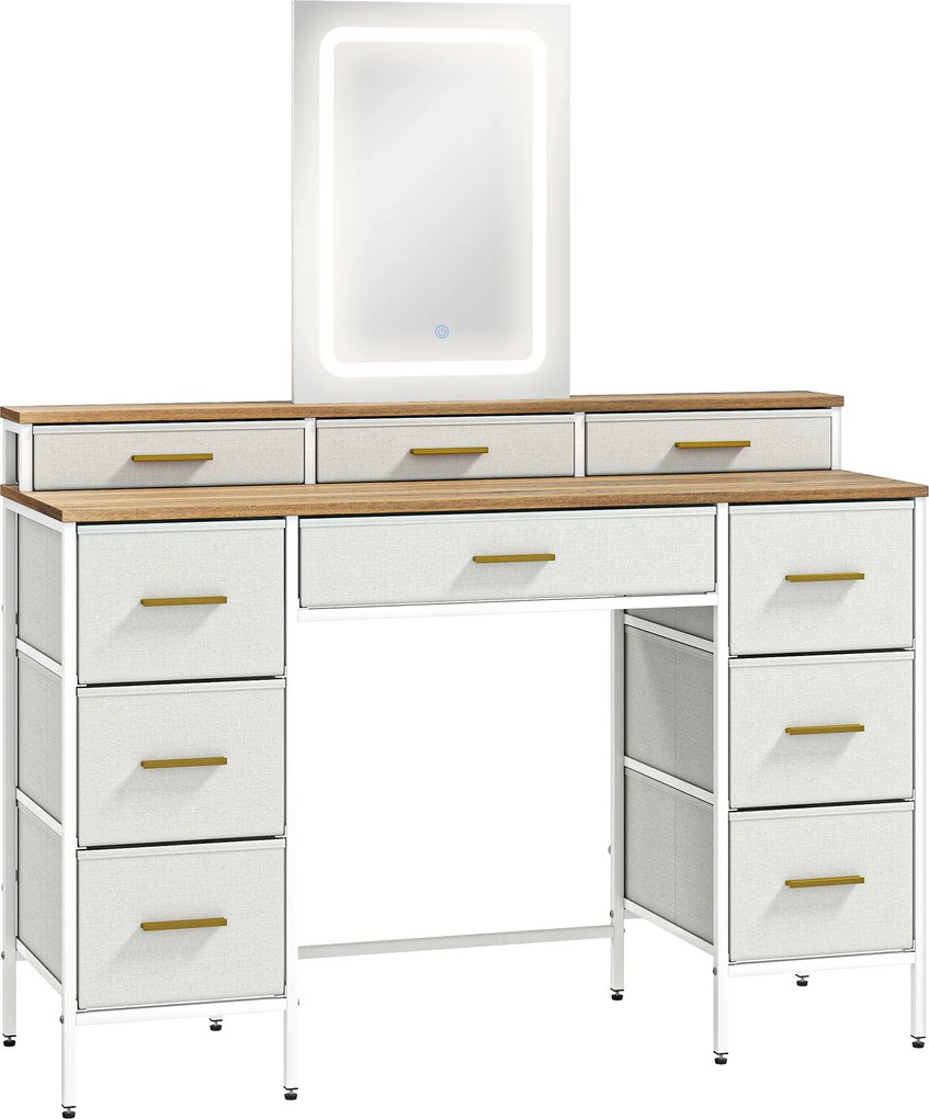 HOMCOM Toucador com Luzes LED de 3 Cores Espelho 10 Gavetas de Tecido e Pés em Aço 118,5x39,5x140 cm Madeira | Aosom Portugal