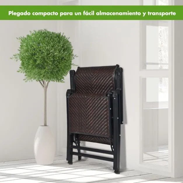 Conjunto de 2 espreguiçadeiras jardim de rattan para exterior dobrável com encosto ajustável para jardim, pátio, praia, interior, Castanho