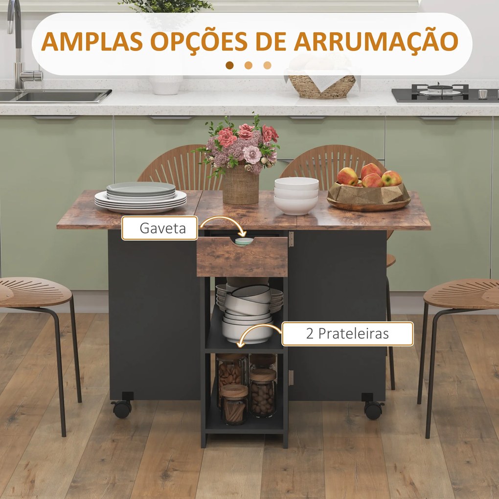 Mesa de Cozinha Dobrável com Rodas Laterais Rebatíveis Gaveta e Prateleiras para 2-4 Pessoas 120x72x75 cm Castanho rústico e preto