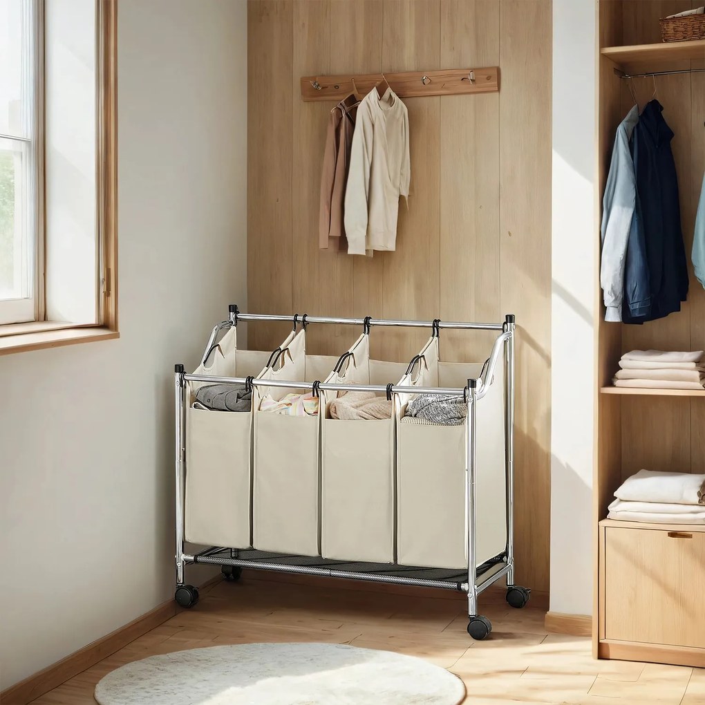 Cesto para roupa suja com rodas, 4 x 35 L, com 4 sacos removíveis 87,5 x 38,5 x 67/81 cm Bege