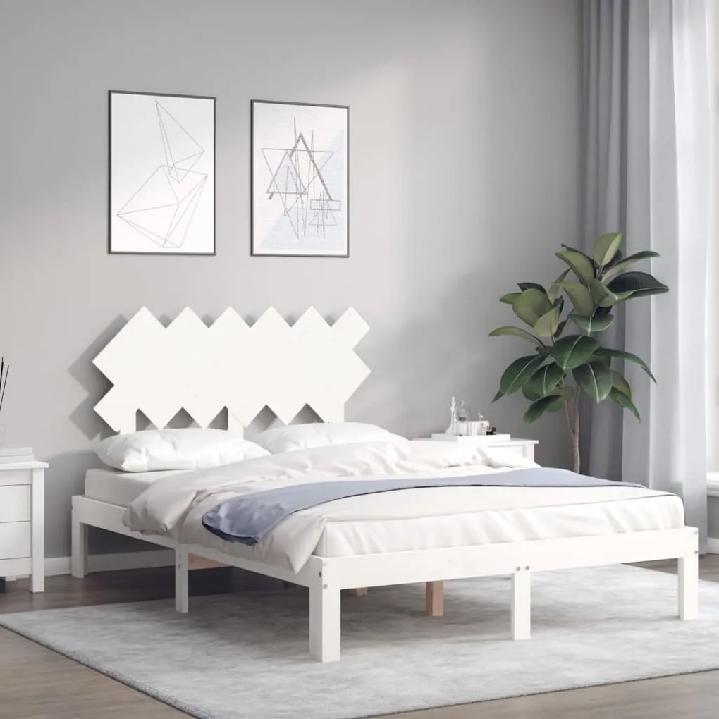 Estrutura de cama de casal com cabeceira madeira maciça branco