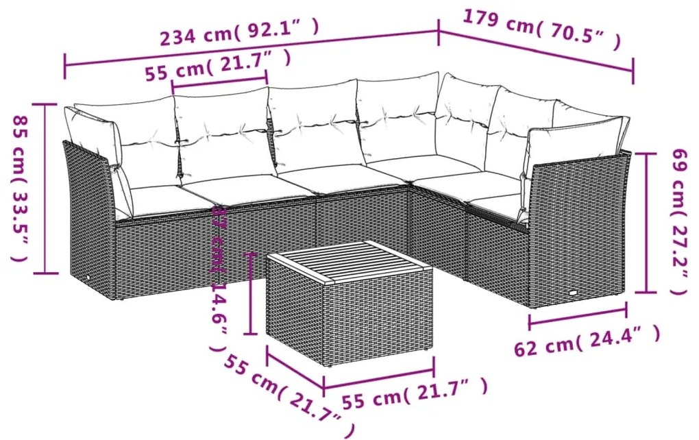 7 pcs conjunto de sofás p/ jardim c/ almofadões vime PE preto