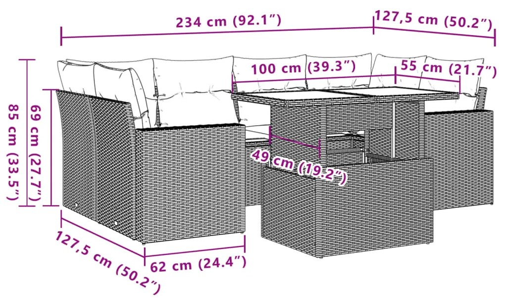 7 pcs conjunto de sofás jardim c/ almofadões vime PE castanho