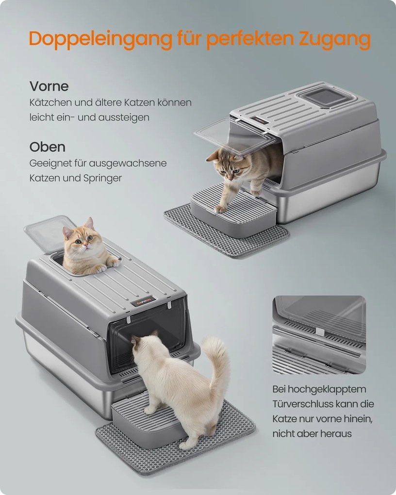 Caixa de areia para gatos 60 x 40 x 38 cm em aço inoxidável com tampa e acessórios, cinzento