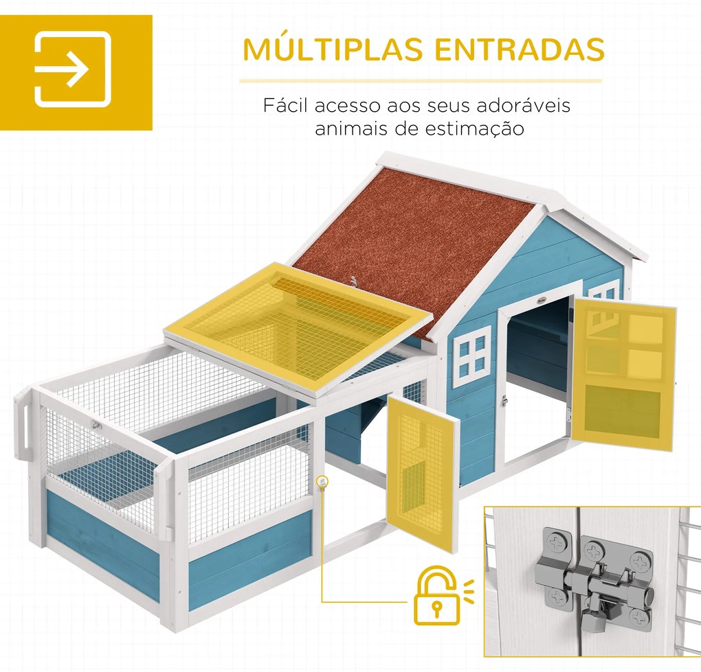 Coelheira Exterior de Madeira 162,5x59,2x77,6 cm Gaiola para Coelhos Grande com 2 Janelas Rodas Rampa e Teto Asfáltico Azul