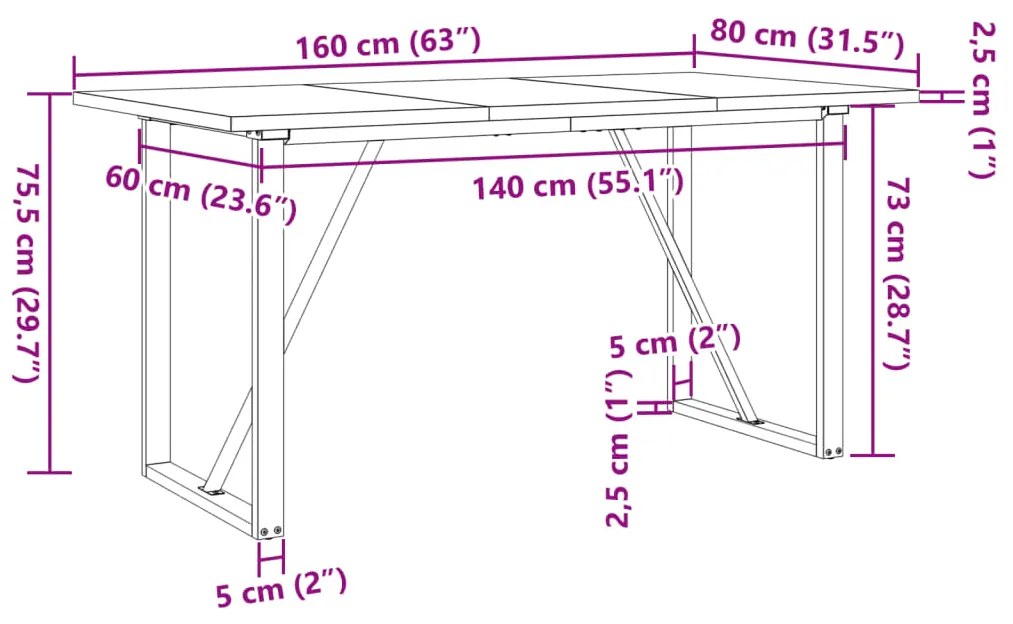 Mesa de jantar estrutura em O 160x80x75,5cm pinho/aço