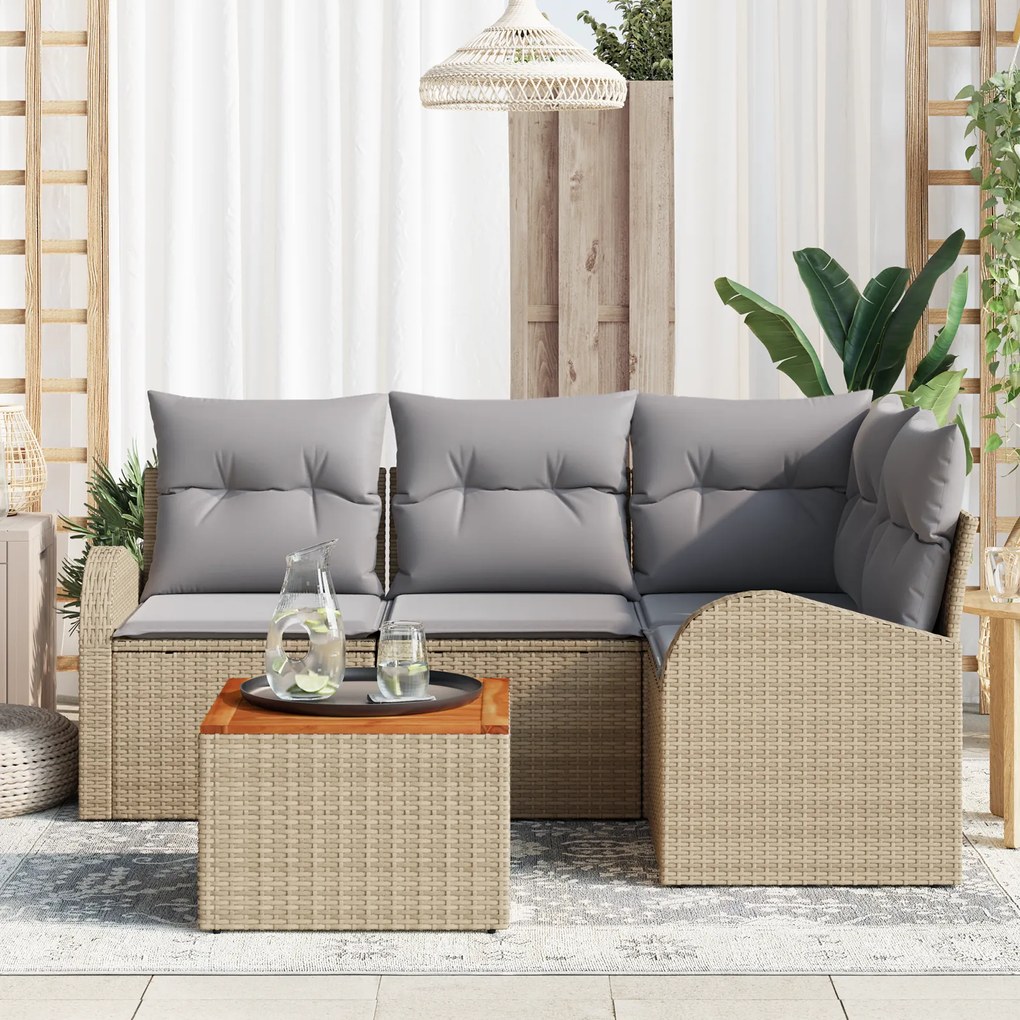 Conjunto de Sofá de Jardim de 5 Peças com Almofadas Bege Rattan Poliés