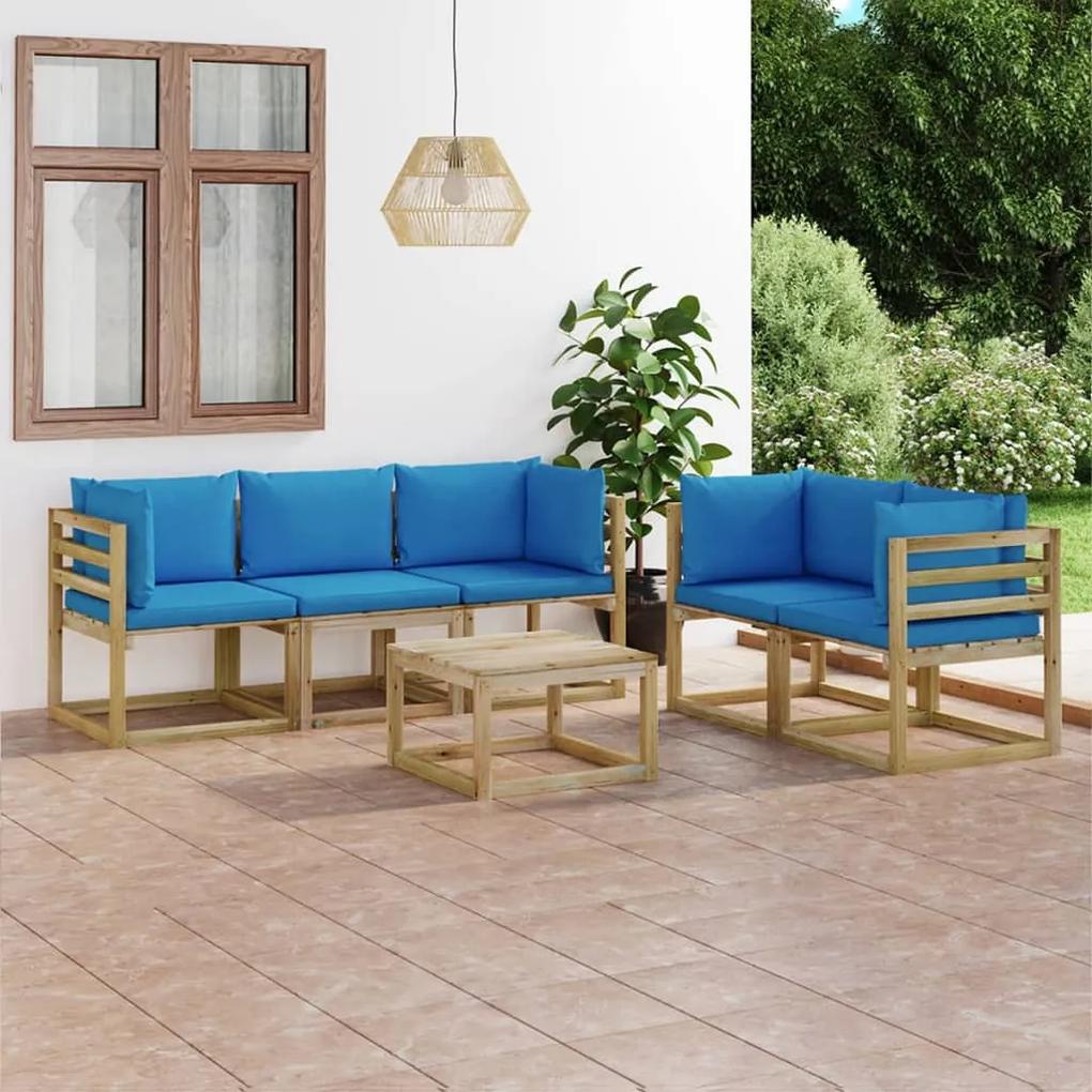 6 pcs conjunto lounge de jardim com almofadões azul-claro