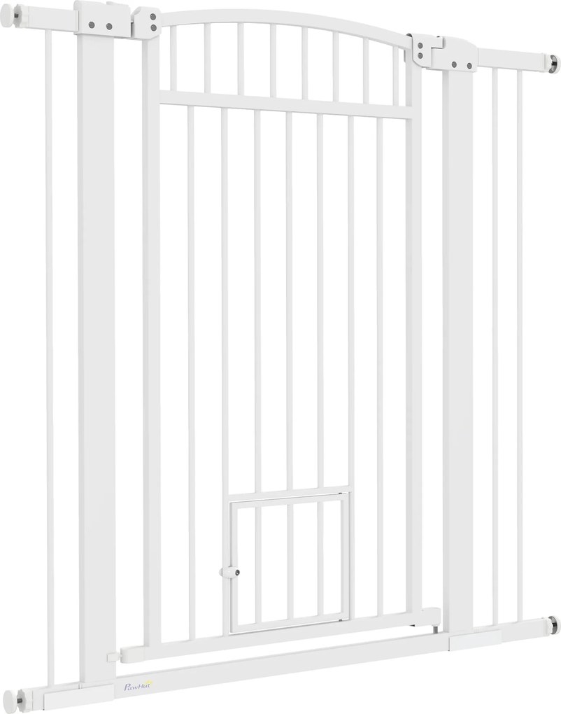 Barreira para cães, largura ajustável de 76 a 102 cm, barreira extra larga com porta para gatos, branca