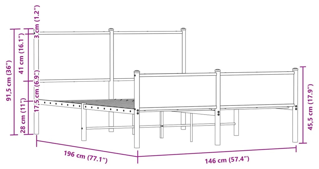 Estrutura de cama sem colchão 140x190 cm metal carvalho sonoma