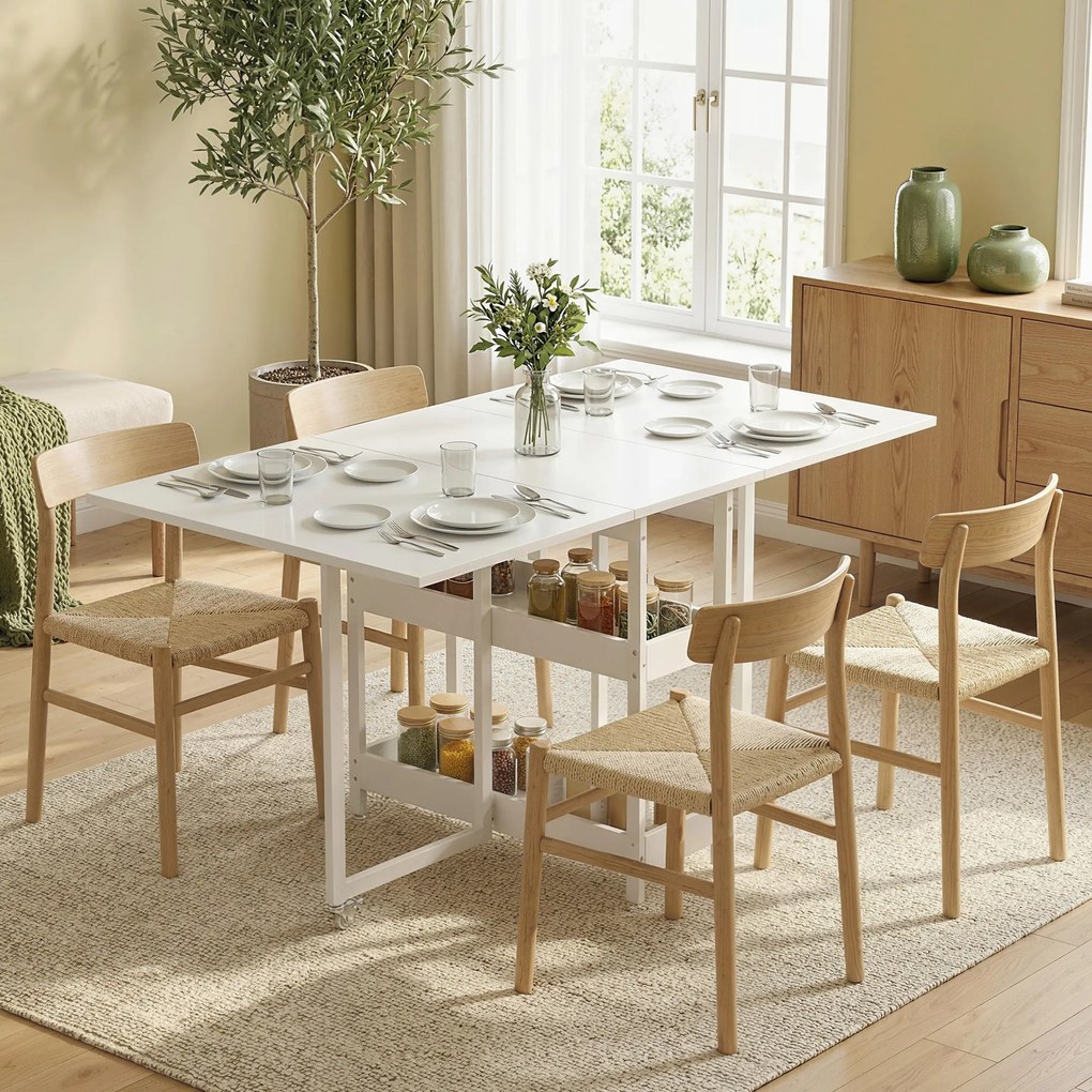 Mesa de jantar dobrável 133,4 L x 80 l x 75 A cm com rodas para 4 pessoas (CADEIRAS NÃO INCLUIDAS), com compartimentos abertos, ideal para espaços red