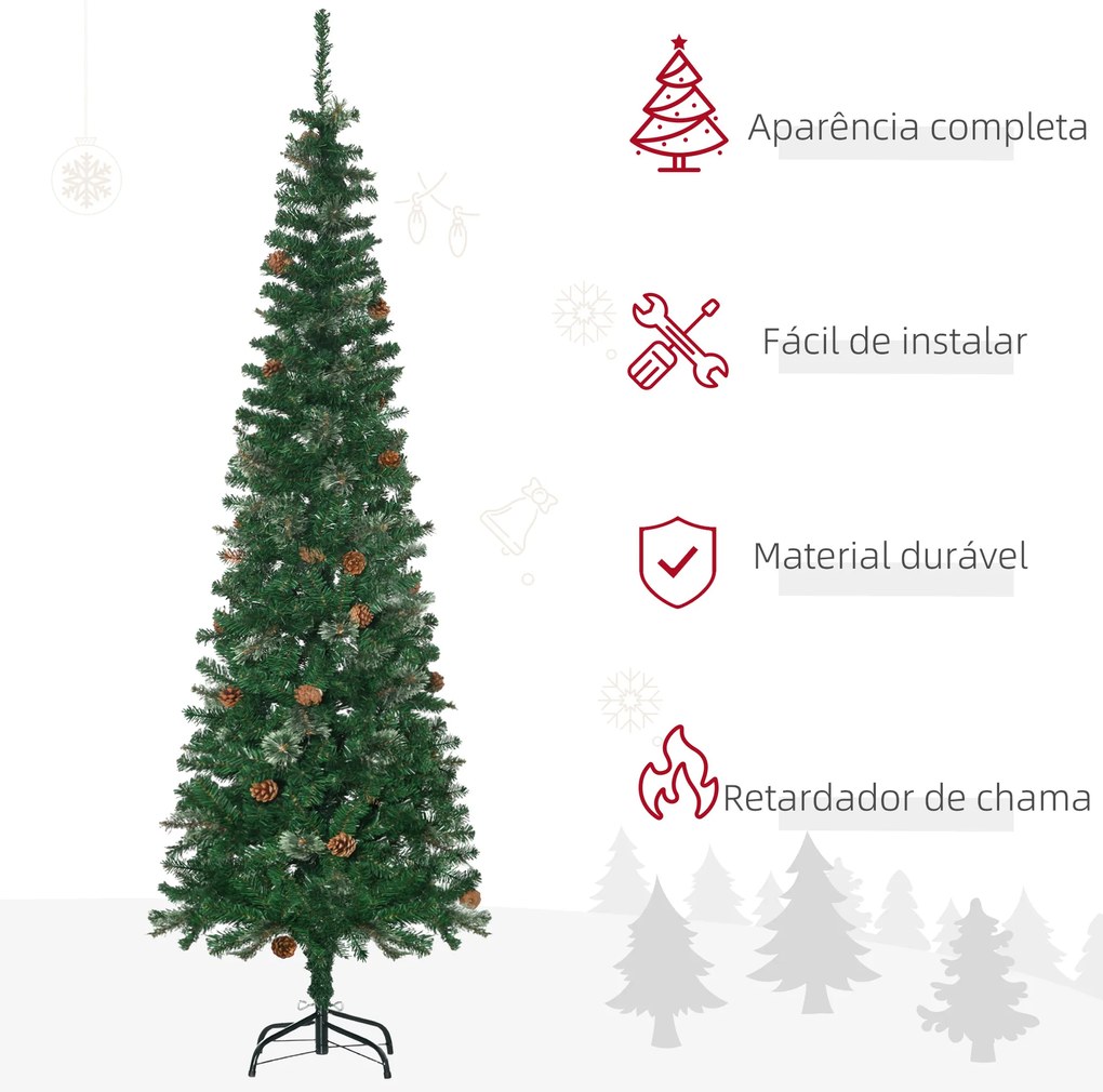 Árvore de Natal Artificial 195 cm Árvore de Natal com 556 Ramos Árvore de Natal Slim com 25 Pinhas Base Dobrável Ø54x195 cm Verde