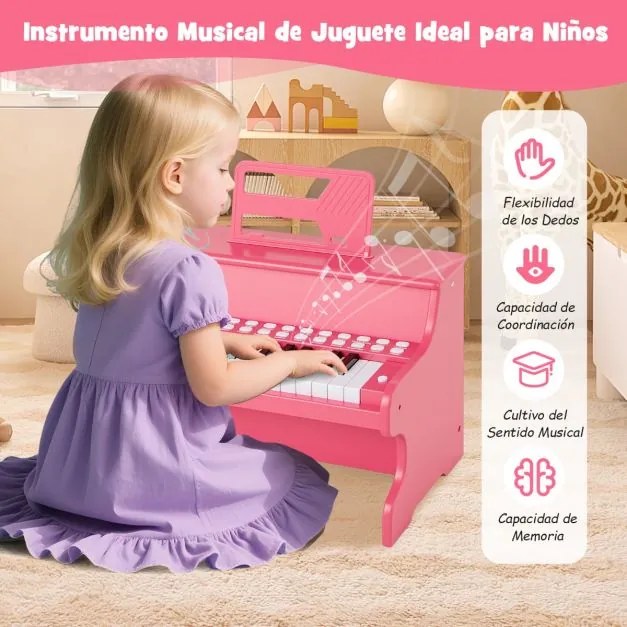 Piano de brincar com 25 teclas para crianças 38 x 24 x 29 cm, com suporte e modo de aprendizagem, velocidade e volume ajustáveis, design em madeira Ro