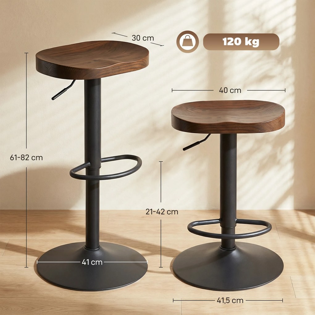Conjunto de 2 Bancos de bar, 41,5 x 41,5 x 61-82 cm, ajustáveis e giratórios, com assento em madeira de olmo castanho-escuro