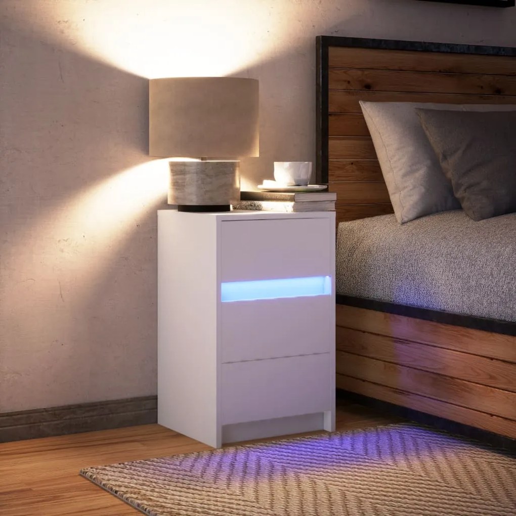 Mesa de cabeceira com luzes LED derivados de madeira branco