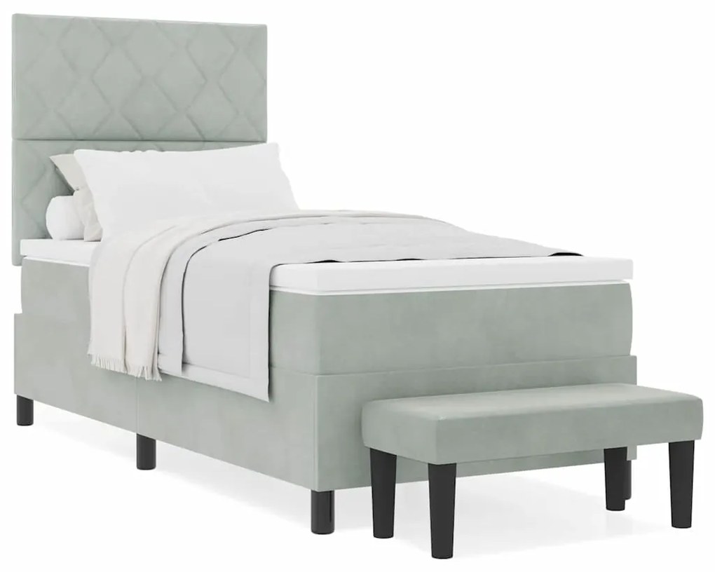 Cama Box Spring com Colchão e Banco Cinza Claro 90x200 cm Veludo
