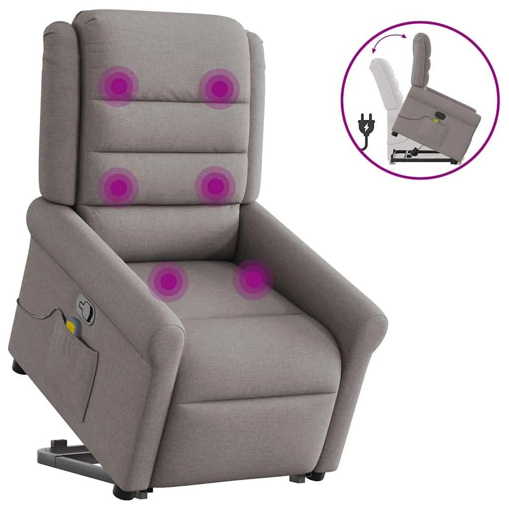 vidaXL Poltrona elevatória de massagens tecido cinzento-acastanhado