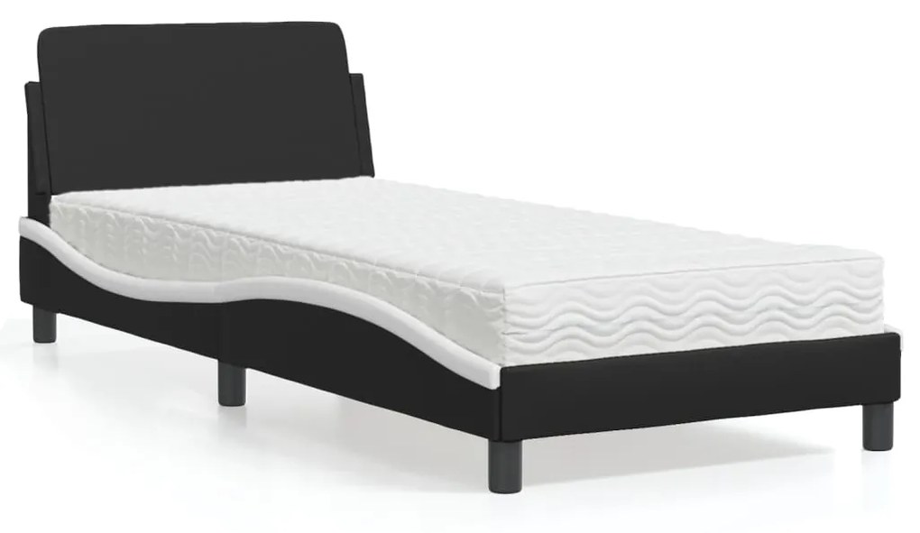 Cama com colchão 90x200 cm couro artificial preto e branco