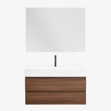 Conjunto De Móvel De Casa De Banho Em Madeira E Chapa De Freixo Com Lavatório Integrado Ona Madeira Escura & Retangular Led - Sklum