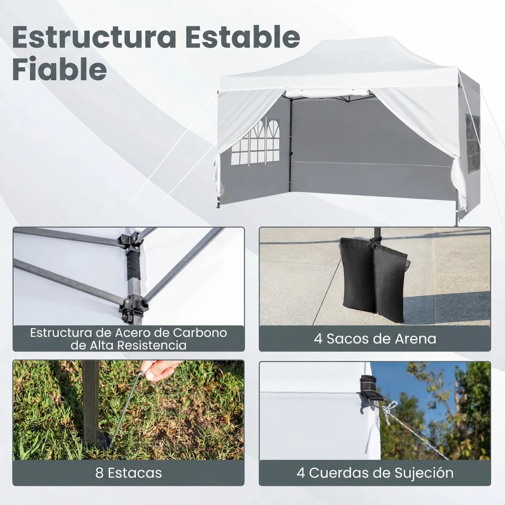 Tenda dobrável 431 x 291 cm, pop-up com 4 paredes amovíveis, altura ajustável, 4 x Sacos de areia, saco de transporte, rodas, impermeável, para pátio,