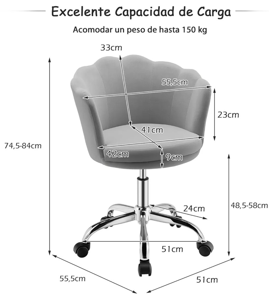 Cadeira giratória de veludo para escritório com altura ajustável com rodas Cadeira estofada para computador com encosto cinza