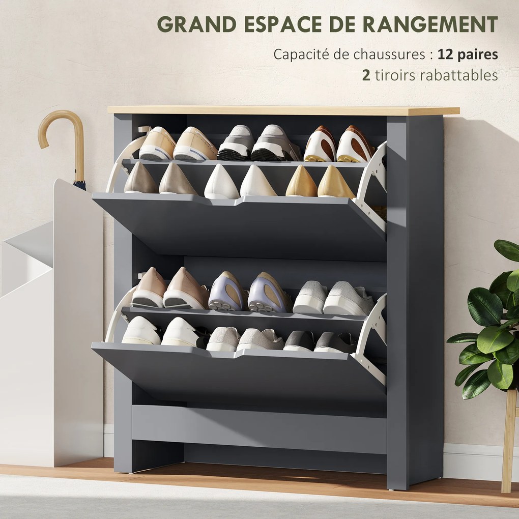 Sapateira com capacidade para 12 pares 72 x 26 x 80 cm, armário estreito com 2 gavetas rebatíveis e prateleiras ajustáveis, cinzento escuro