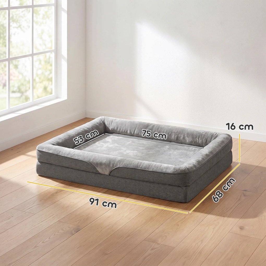 Cama para Cães Médios e Gatos com Base Antiderrapante e Capa Lavável 91x68x16 cm Cinzento