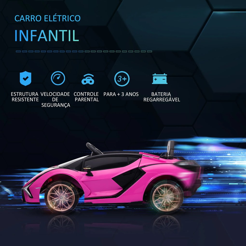 Carro Elétrico Lamborghini SIAN 12V para Crianças de 3-8 anos com Controlo Remoto Abertura da Porta Música MP3 USB e Faróis 108x62x40cm Rosa