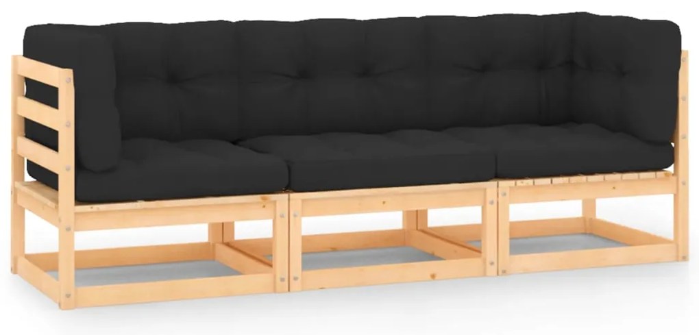 3 pcs conjunto lounge de jardim c/ almofadões pinho maciço