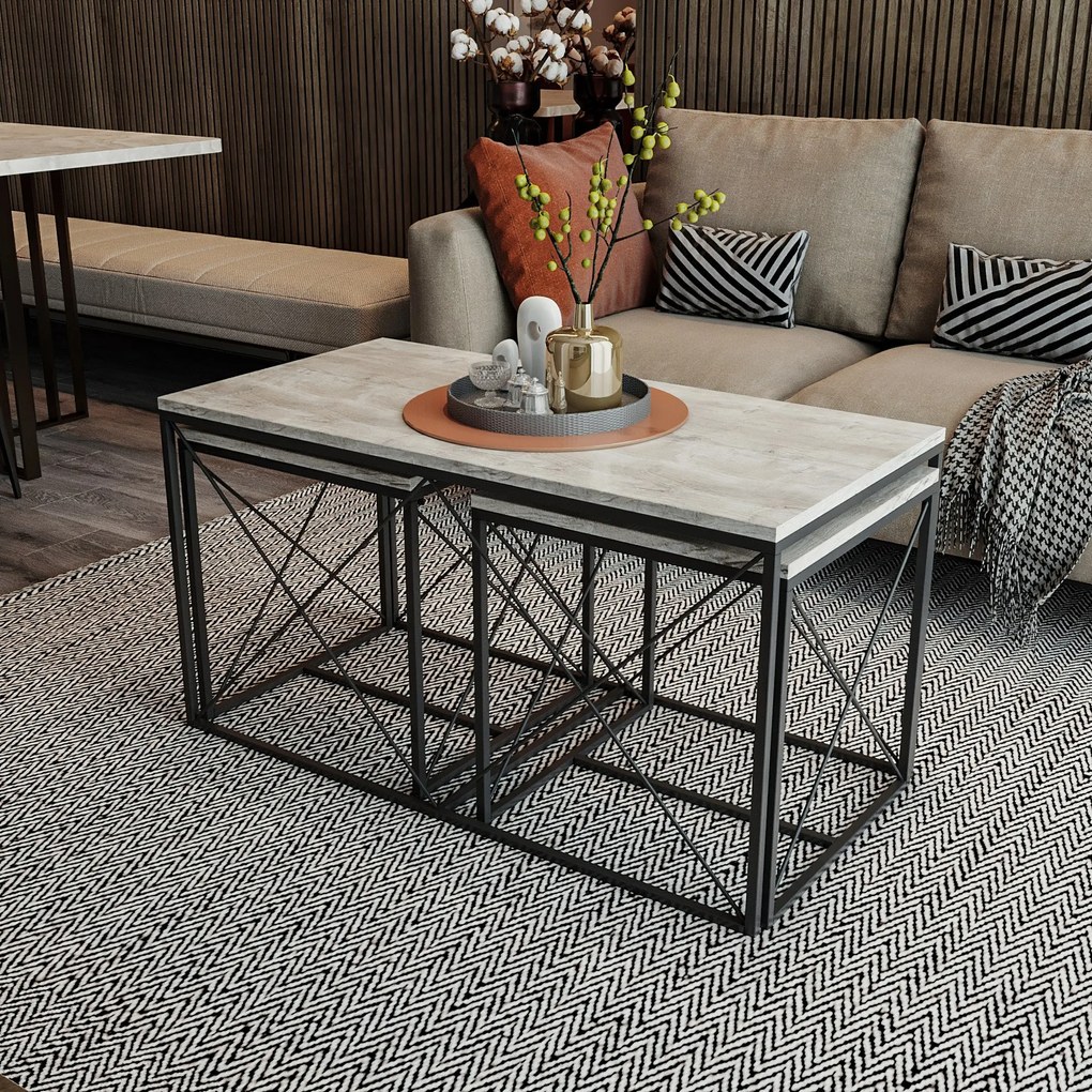 Conjunto de Mesas de Centro Defne – Cinzento Claro e Preto – 100x52x50