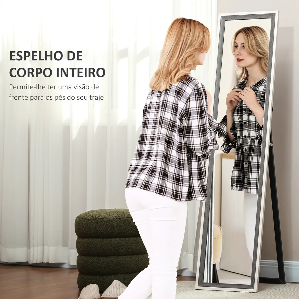 Espelho de Pé 37x157 cm Espelho de Corpo Inteiro com Estrutura de MDF e Suporte Branco e Cinza