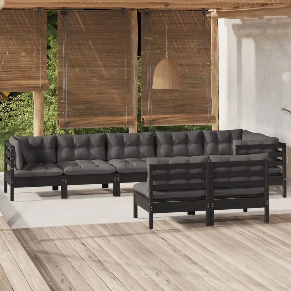 vidaXL 8 pcs conjunto lounge jardim c/ almofadões pinho maciço preto